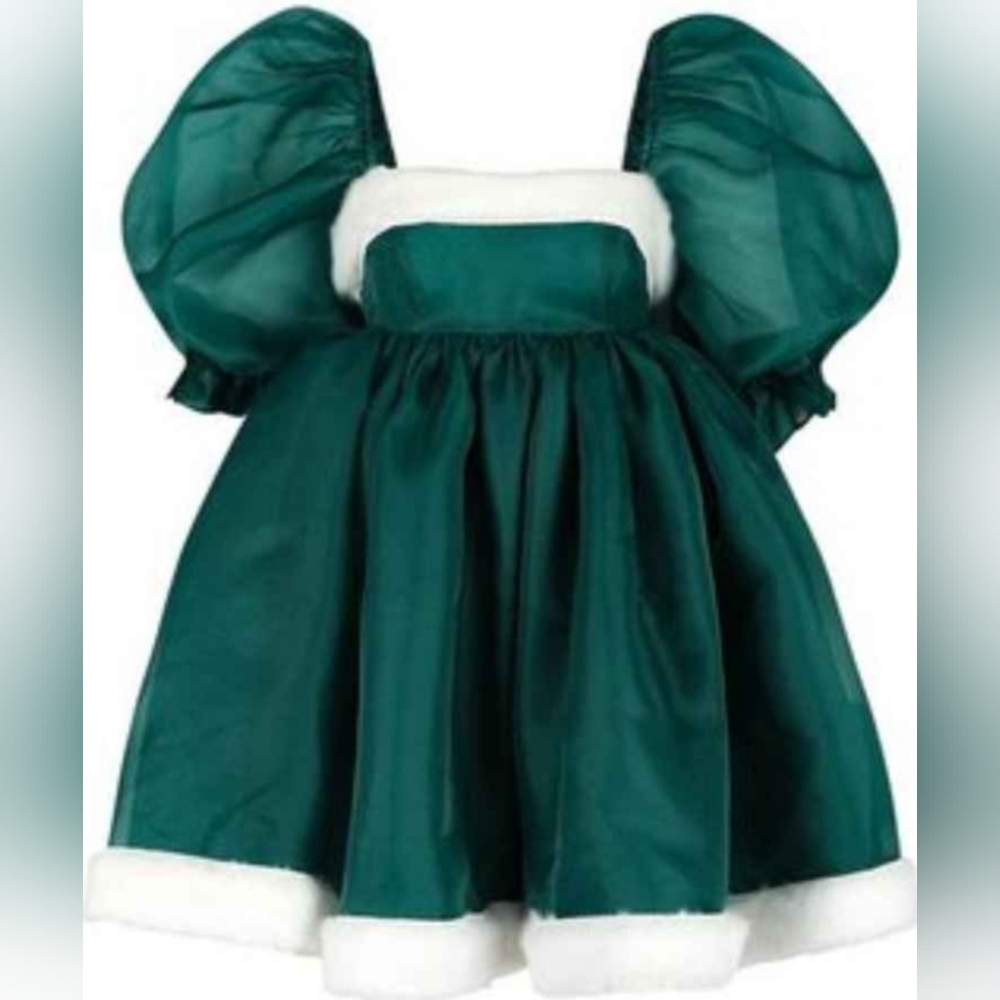 Selkie Elf Green Santa Baby Puff Mini Dress Green With White Fur 5x